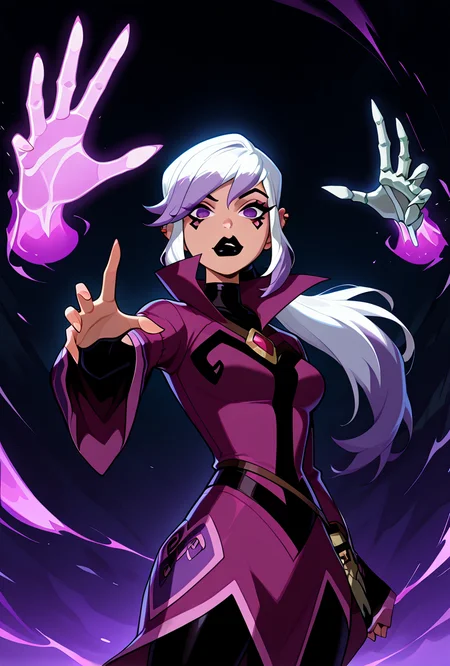 <lora:charmov:1> charmov, long hair, ponytail, , white hair,, 1girl, multicolored hair, purple eyes, ear piercing, two-tone hair, makeup, solo, long sleeves, black lips, purple jacket, long jacket, popped collar, facial expression, dynamic pose,,        <lora:chill_touch_Test:1> chill_touch-(magic), outstretched hand, skeletal disembodied hand, solo,  floating hand,  claws,, masterpiece, best quality, amazing quality, very aesthetic, absurdres, newest,