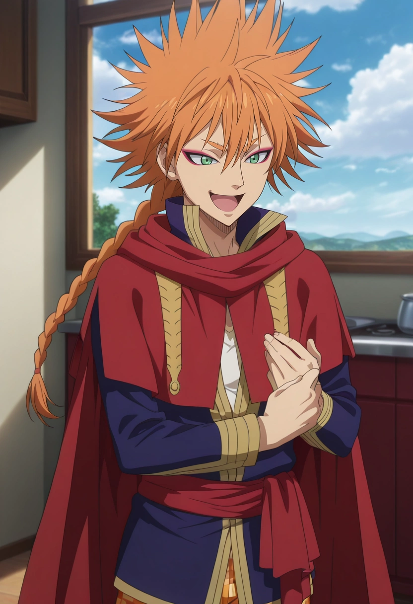 masterpiece, best quality, intricate details, anime screencap, anime coloring, official style, , 1boy, solo, male focus, <lora:leopold_vermillion_ilxl:1>, leopold_vermillion, orange hair, green eyes, spiked hair, long hair, braid, single braid, makeup, eyeshadow, eyeliner, cape, focused, kitchen, day, clouds, singing, giggling, Tangerine Gingham Damask Shorts, Barkcloth Camouflage DustyRose Linen shirt, , ,