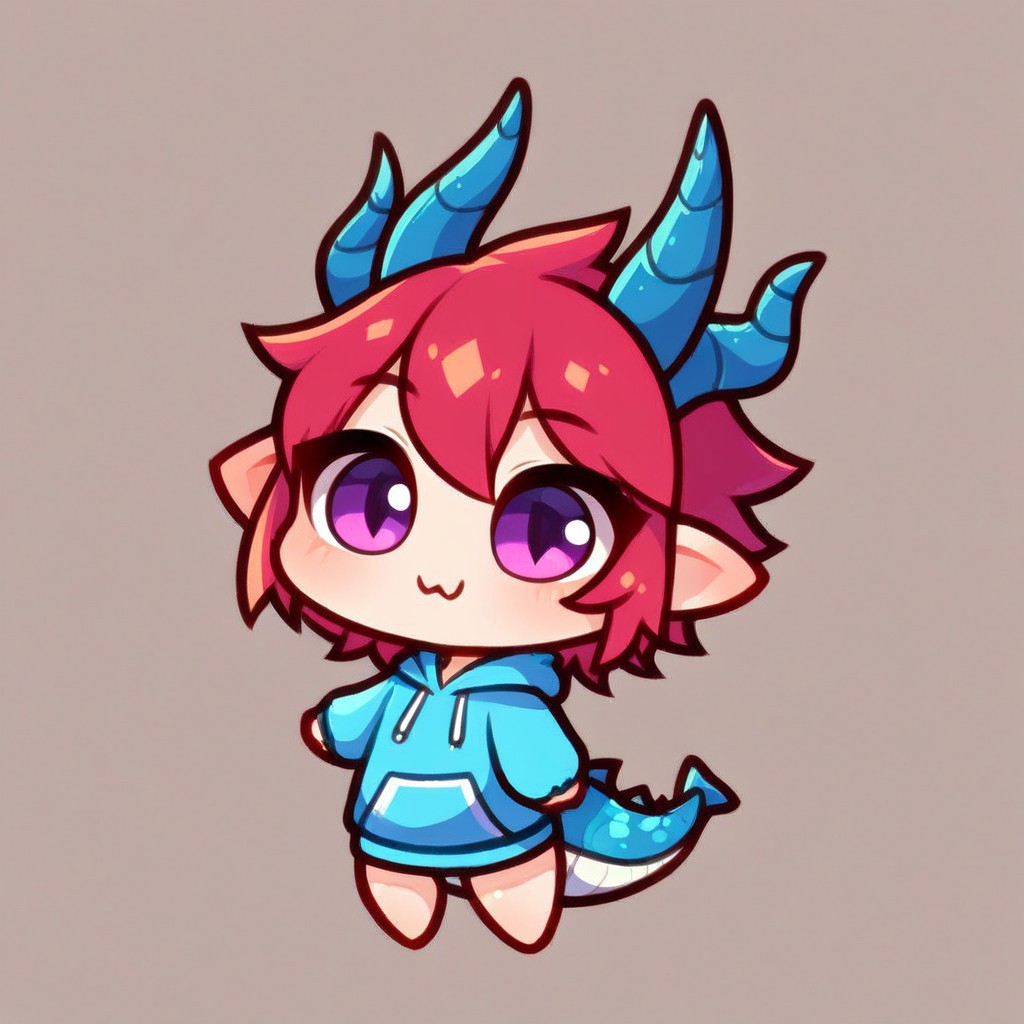 (girl:1.2),  (cute:1.1), girl hoodie, red hair, colored hair,  hoodie over head, hoodie with a dragon head, dragon horns, dragon tail,
solo, score_9, score_8_up, score_7_up, source_anime,  cute, chibi, kawaii, 2d color, simple color,  simple shading, flat color, chibi body , simple background, chibi art style:1.1, fca_style, super deformer,
very awa, masterpiece, highres, absurdres, newest
<lora:TA_trained:0.75>, chibi, <lora:ponyv4_noob1_2_adamW-000017:0.5>, <lora:shiroski:0.75>,