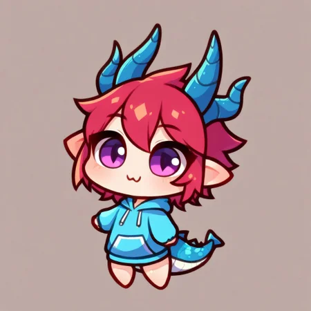 (girl:1.2), (cute:1.1), girl hoodie, red hair, colored hair, hoodie over head, hoodie with a dragon head, dragon horns, dragon tail,
solo, score_9, score_8_up, score_7_up, source_anime, cute, chibi, kawaii, 2d color, simple color, simple shading, flat color, chibi body , simple background, chibi art style:1.1, fca_style, super deformer,
very awa, masterpiece, highres, absurdres, newest
<lora:TA_trained:0.75>, chibi, <lora:ponyv4_noob1_2_adamW-000017:0.5>, <lora:shiroski:0.75>,