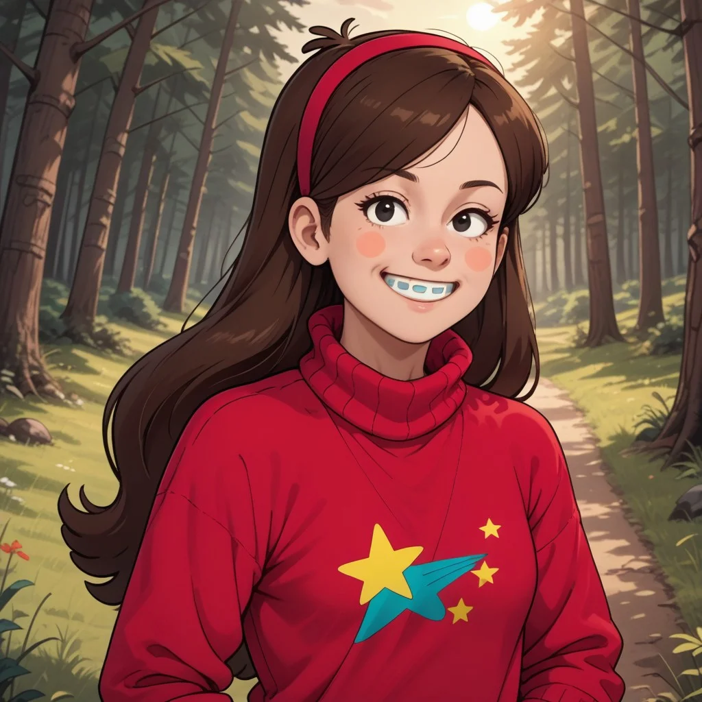 score_9, score_8, BREAK, solo, Mabel_Pines_(Gravity_Falls), 1girl, solo, pink hairband, black eyes, long hair, brown hair, blush stickers, braces, red sweater, turtleneck, long sleeves, skirt, self portrait, smile, looking at viewer, outdoors, sunlight, shadows, evening lighting, natural lighting, forest, trees, grass, orange sky, sunset
