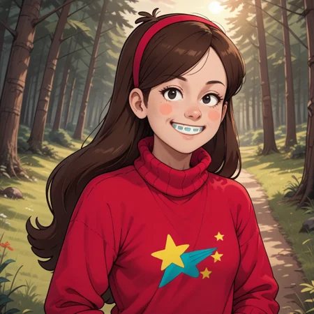 score_9, score_8, BREAK, solo, Mabel_Pines_(Gravity_Falls), 1girl, solo, pink hairband, black eyes, long hair, brown hair, blush stickers, braces, red sweater, turtleneck, long sleeves, skirt, self portrait, smile, looking at viewer, outdoors, sunlight, shadows, evening lighting, natural lighting, forest, trees, grass, orange sky, sunset