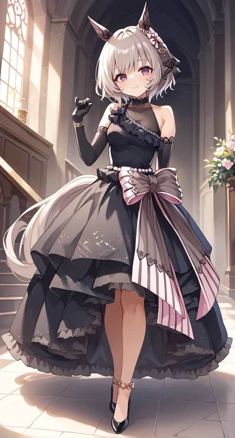 score_9,score_8_up,score_7_up,
official art,official style,game cg,megami magazine,
uncensored,
1girl,
crc wedding,curren chan (umamusume),
animal ears,blush,dress,elbow gloves,gloves,grey hair,hair ornament,
horse ears,horse tail,ribbon,short hair,tail,wedding dress,black dress,black gloves,
bow,ear covers,ear ornament,horse girl,official alternate costume,
purple eyes,detached sleeves,bare shoulders,black footwear,dress bow,
frilled dress,frills,high heels,see-through,see-through cleavage,see-through dress,
sleeveless,sleeveless dress,black choker,bracelet,choker,bangs,violet eyes,long dress,
standing,
<lora:umamusume_curren_chan_pony_v1.1:1>,