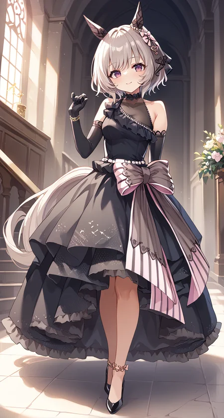 score_9,score_8_up,score_7_up,
official art,official style,game cg,megami magazine,
uncensored,
1girl,
crc wedding,curren chan (umamusume),
animal ears,blush,dress,elbow gloves,gloves,grey hair,hair ornament,
horse ears,horse tail,ribbon,short hair,tail,wedding dress,black dress,black gloves,
bow,ear covers,ear ornament,horse girl,official alternate costume,
purple eyes,detached sleeves,bare shoulders,black footwear,dress bow,
frilled dress,frills,high heels,see-through,see-through cleavage,see-through dress,
sleeveless,sleeveless dress,black choker,bracelet,choker,bangs,violet eyes,long dress,
standing,
<lora:umamusume_curren_chan_pony_v1.1:1>,