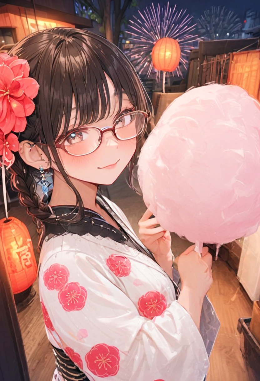 masterpiece, best quality, very aesthetic, absurdres,
cotton candy, 1girl, solo, glasses, black hair, holding, holding food, food, skewer, yukata, hair flower, braid, night, summer, paper lantern, 
 <lora:wataame_SDXL_V1:1>