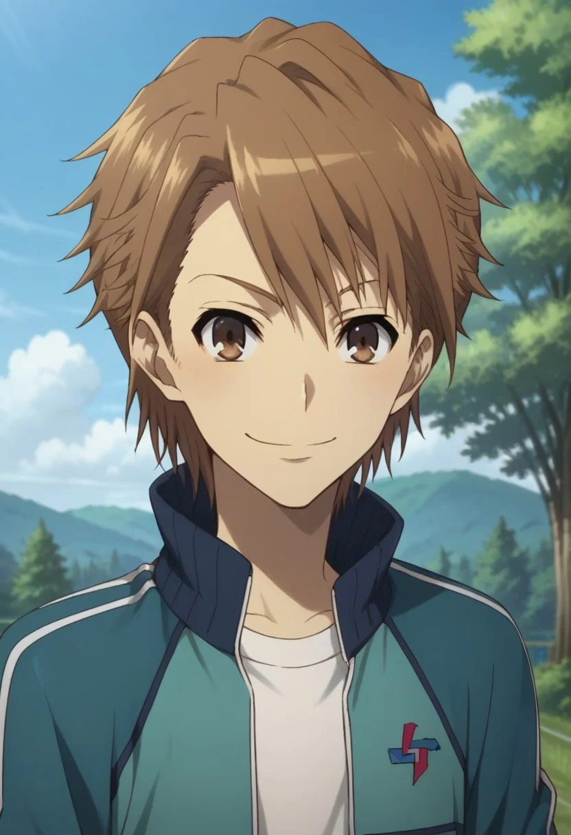score_9, score_8_up, score_7_up, source_anime, highly detailed,
naoya, 1boy, brown hair, short hair, male focus, brown eyes, smile, jacket, smile, track jacket, pants, upper body
outdoor, sky, tree