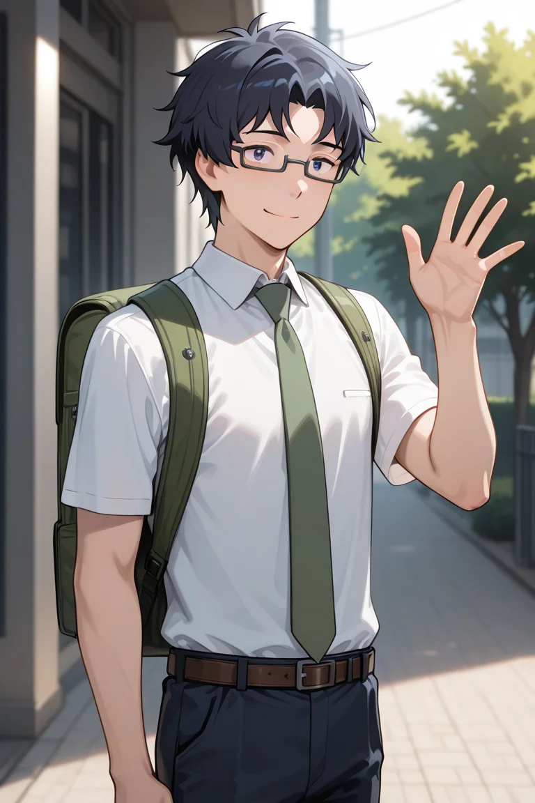 masterpiece, absurdres, newest, perfect quality, best quality, absolutely eye-catching, amazing quality, very aesthetic, high resolution, ultra-detailed, 1boy, male focus, solo, joe_kido_tri, dark blue hair, dark blue eyes, glasses, under-rim eyewear, collared shirt, short sleeves, green necktie, pants, belt, green backpack, smile, closed mouth, waving, outdoors, detailed background, volumetric lighting, vibrant colors
