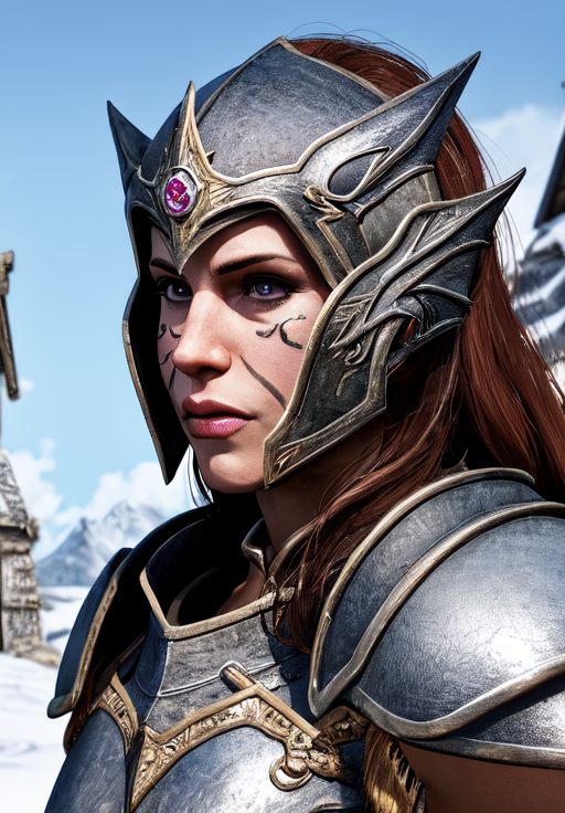 a woman, sfw, <lora:Nord-Female:0.8>, Nord-Female, 1girl, solo, portrait, steel armor, facial mark,, diamond body, (masterpiece, best quality, absurdres, detailed, ultra-detailed:1.3), hot