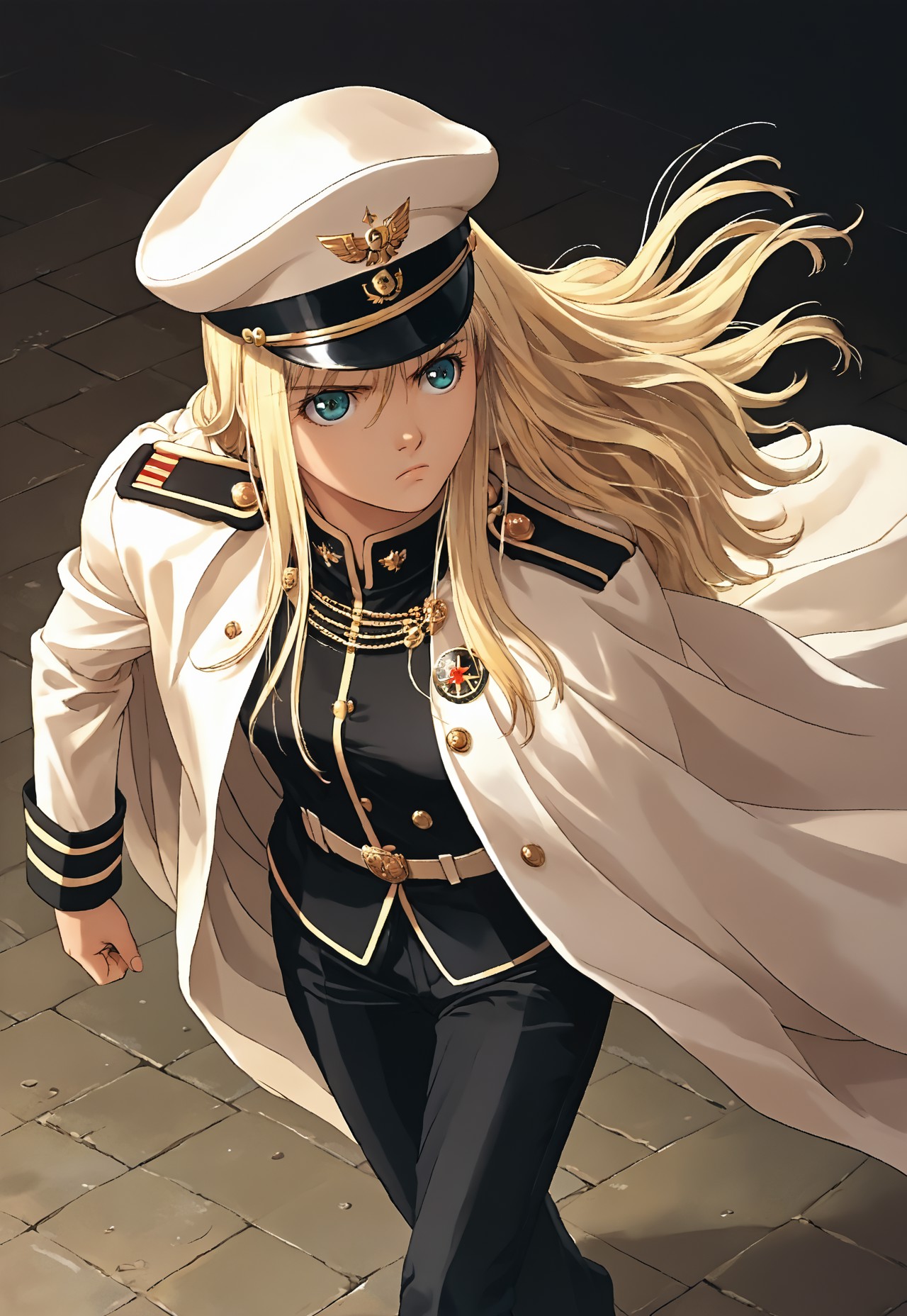 hortensia,score_9,score_8_up,score_7_up,source_anime,2d,best_quality,masterpiece,8k, young, detailed, 1girl, (solo), adorable_girl, glowing skin, blonde hair, serious, small breasts, black military uniform, black trousers, walking, (from above:0.2), epaulettes, white cape, stars hyper_galaxy, full_shot, walking, warhammer commissar hat
