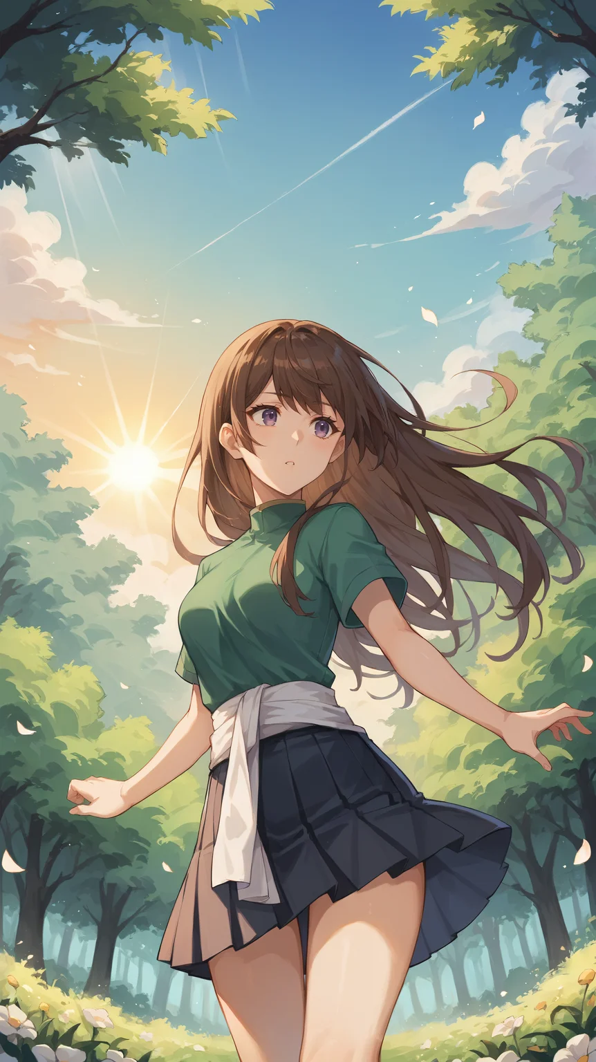 score_9,score_8_up,score_7_up,score_6_up, source_anime, zPDXL, <lora:xl_more_art-full_v1:0.5>, girl, dynamic pose, <lora:Hibiki - Pony:0.8>, long hair, brown hair, long hair, brown hair, purple eyes, green shirt, dark green pleated skirt, short sleeves, white waist sash, looking away, forest, trees, vegetation, meadow, sunset, wind, flower pedals, light rays,