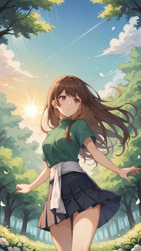 score_9,score_8_up,score_7_up,score_6_up, source_anime, zPDXL, <lora:xl_more_art-full_v1:0.5>, girl, dynamic pose, <lora:Hibiki - Pony:0.8>, long hair, brown hair, long hair, brown hair, purple eyes, green shirt, dark green pleated skirt, short sleeves, white waist sash, looking away, forest, trees, vegetation, meadow, sunset, wind, flower pedals, light rays,