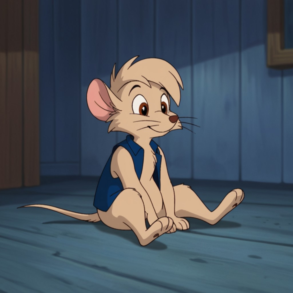score_9, score_8_up, score_7_up, score_6_up, score_5_up, score_4_up, source_furry, Timmynimh2, semi-anthro, male, mouse, tan fur, brown eyes, short hair, blue vest, sitting, arms between legs, solo, 1boy, inside