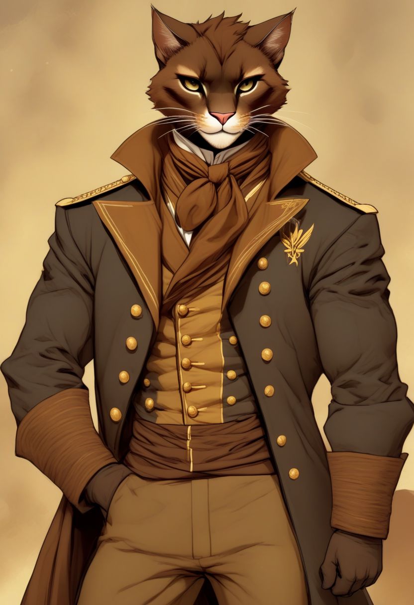 A short haired tabaxi man, sailor captain uniform, Dark brown and tan fur, Commanding, leader, confident, dancer, elegant, fit, thin puma