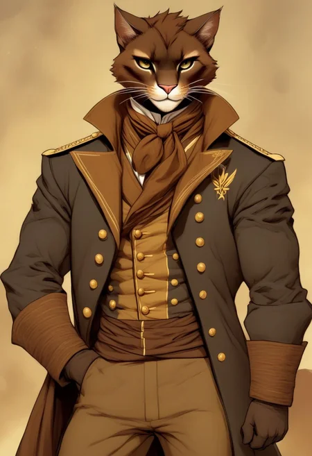 A short haired tabaxi man, sailor captain uniform, Dark brown and tan fur, Commanding, leader, confident, dancer, elegant, fit, thin puma