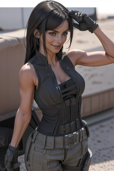 (masterpiece:1.4),(best quality:1.4)(high_resolution:1.1) ,smile, (amazon_woman wearing tactical_assaut t-shirt gloves holding assault rifle), black hair, ((upper body)),
<lora:BrazilianWomanAmazon_V1.0:1>, <lora:TacticalAssautV1:0.8>,
<lora:muscle_slider_v1:2>,
<lora:weight_slider_v2:-1>,
<lora:hair_length_slider_v1:1>
<lora:HK416-v2:0.6>