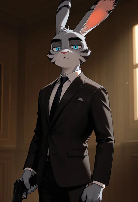masterpiece, best quality, amazing quality, very aesthetic, absurdres, newest, high quality, detailed, male, solo male, JackSavage, 1boy, mature male, blue eyes, athletic build, grey fur, rabbit, animal ears, black stripes, big eyebrows, white shirt, black suit, black pants, half body, holding gun, looking at viewer, blank expression, half lidded eyes, volumetric lighting, detailed face, detailed eyes, indoors