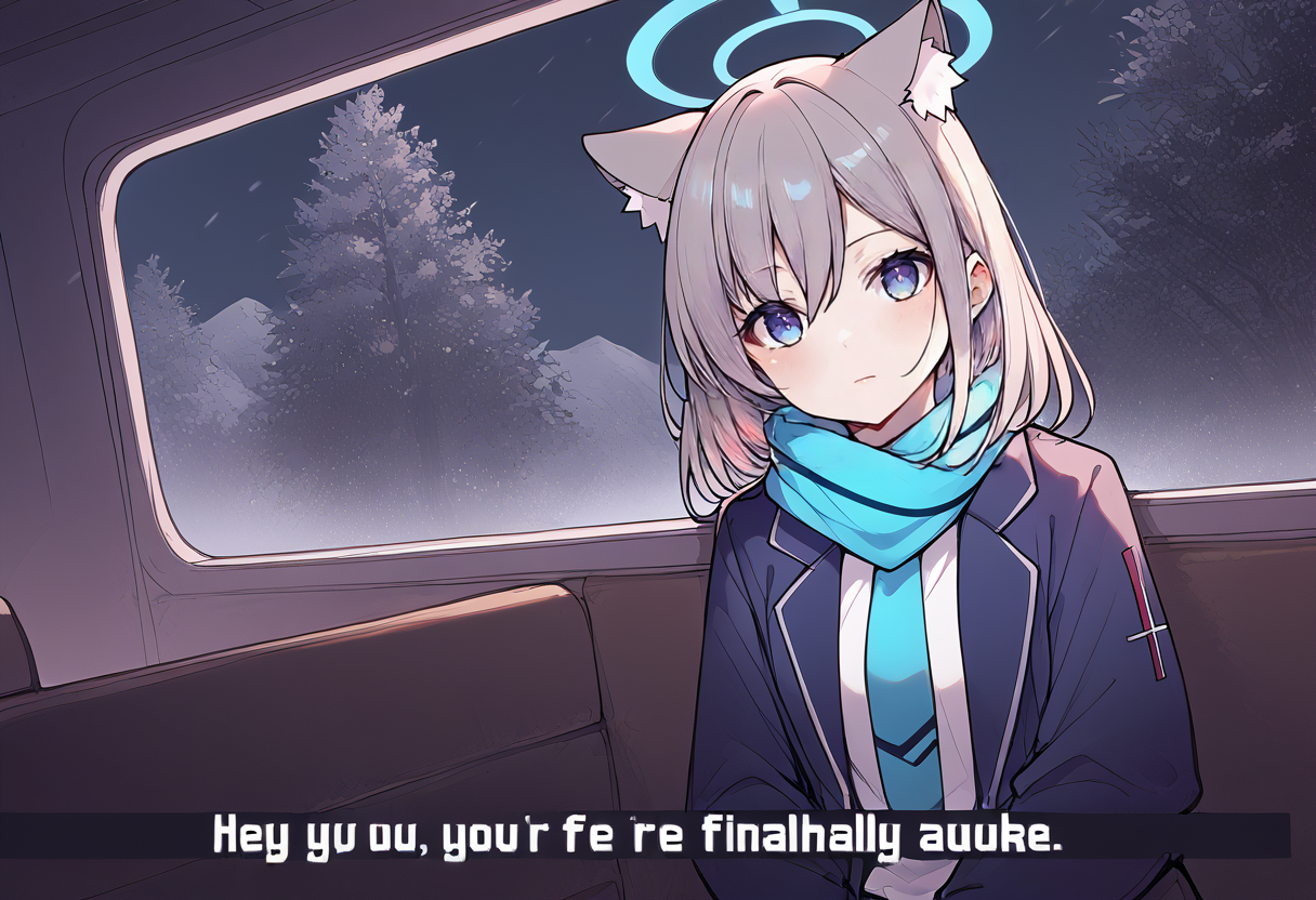 (score_9:0.9),score_8_up,score_7_up,anime style,rating_safe,grey_skin,snow,low light,
BREAK <lora:hey you, you're finally awake ponyXL v3.5:0.8>,shiroko (blue archive), animal ears, scarf, halo, blue eyes, mismatched pupils, animal ear fluff, blue scarf, grey hair, jacket, window, 1girl, bangs, school uniform, solo, hair between eyes, looking at viewer, extra ears, hair ornament, striped, blue jacket, parody, shirt, expressionless, jitome, closed mouth, wolf ears
BREAK