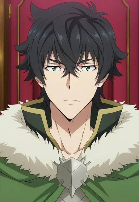 masterpiece, best quality, , anime screencap, anime coloring, official style, looking at viewer, 1boy, solo, male focus, <lora:naofumi_iwatani_ilxl:0.9>, naofumi_iwatani, black hair, green eyes, short hair, hair between eyes, bangs, green cape, fur trim, ,