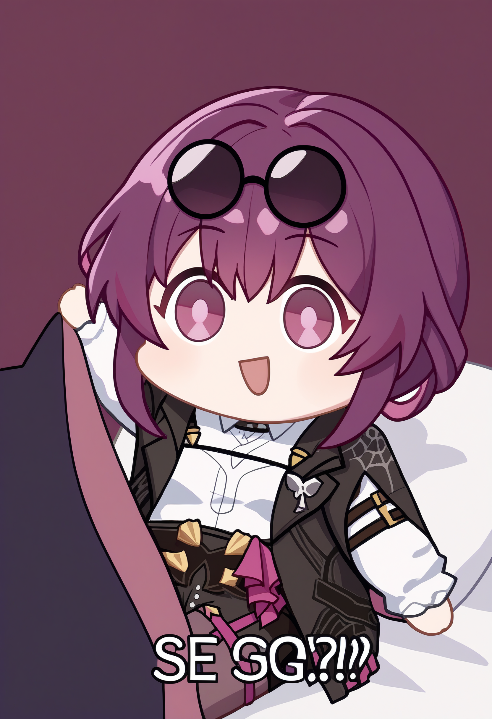 score_9, score_8_up, score_7_up BREAK solo, 1girl, clamKafka, purple hair, eyewear on head, Seggs, chibi, open mouth, smile, english text, black jacket, white shirt, black shorts, purple pantyhose <lora:Seggs_XLPD:1> <lora:clamKafkaPDXL:1>