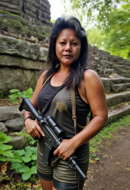 Linda, long black wavy hair, Body, she wears a Lara Croft cosplay outfit, with a gun in each hand, Tomb Raider tropical forest vibe, she stands in front of an Inca temple, she is very dirty and full of mud, looking camera,