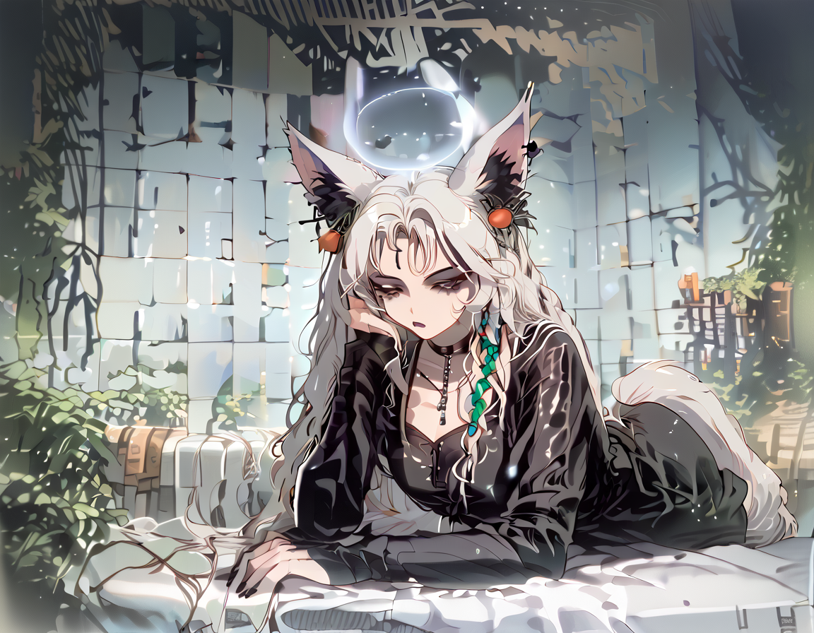 (score_9,score_8_up,score_7_up:1), 1girl, full body, low   angle, noon lighting, bored, (goth, (black lipstick, black mascara, black eyeshadow)), (toned), <lora:ChamKirscheVerstahlPonyXL:1>KirscheVerstahl, animal ears, long hair, twintails, hair ornament, ears through headwear, halo, tail, laurel braided hair, choker, eyeshadow)), (bloodless white oiled skin), pawg, wide hips, milf, <lora:butt:1>, (leaning against wall), misty (yacht deck( lounge chair, champagne on ice)), (black jumpsuit), <lora:OldAnimeStyle_XL_v3:1> Vintage, 1990s \(style\)