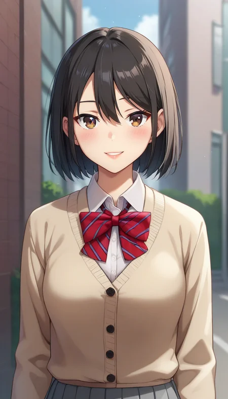 score_9,score_8_up,score_7_up,score_6_up BREAK official art,solo,outdoors,upper body,looking at viewer,facing viewer,smile,blush,Sua Kang,medium hair,black hair,bob cut,sidelocks,hair between eyes,parted bangs,brown eyes,lips,school uniform,beige cardigan,striped cardigan,red bowtie,striped bowtie,collared shirt,white shirt,dress shirt,long sleeves,medium breasts,miniskirt,grey skirt,pleated skirt,black socks,loafers,<lora:Sua Kang(tb)-Pony:1.2>,