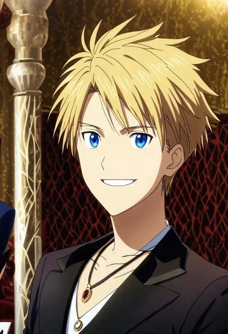 high resolution, solo, best quality, 1Boy, Yamato Ishida, Blond Hair, Blue Eyes, Necklace, luxury hotel, Ballroom, tuxedo, smile, mysterious, confident, OverallDetail