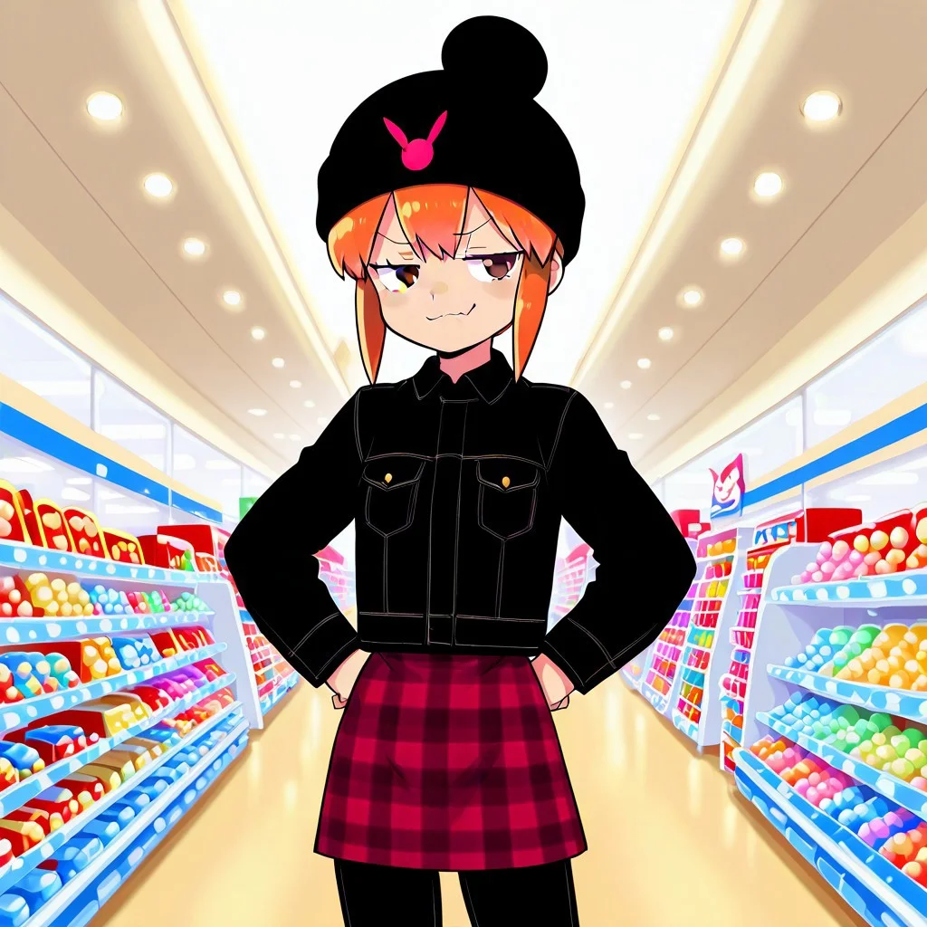 masterpiece, best quality, absurdres, 1girl, solo, female focus, usagi_kurokawa, brown eyes, beanie, black headwear, hat ornament, orange hair, bangs, short hair, sidelocks, short hair with long locks, denim jacket, black jacket, collared jacket, breast pocket, long sleeves, skirt, plaid skirt, pants under skirt, black jeans, jeans, cowboy shot, indoors, hands on own hips, toy store, smug,
