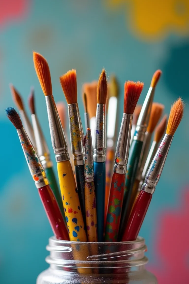 A collection of paintbrushes, each covered in vibrant paint splatters. They are housed in a glass jar, which is set against a blurred background of abstract colors, suggesting an artistic setting. The brushes vary in size and shape, with some bristles appearing longer and others shorter. The paint on the brushes is multicolored, with hues of blue, red, yellow, and green being prominently visible.