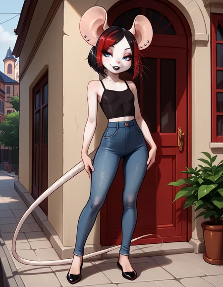 masterpiece, best quality, very aesthetic, absurdres,
outdoors,
full body, standing, posing,
casual,
seductive smile, parted lips, long eyelashes,
<lora:Francis_v01_NAIXL:1>
Francis,1girl,solo,furry female, mouse girl, mouse ears, ear piercing, earrings, short hair, multicolored hair, red hair ,black hair ,blue eyes, eyeshadow, animal nose, whiskers, black lipstick, piercing, body fur, white fur, mouse tail,