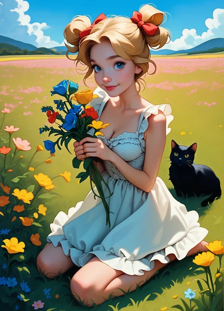 ponyvid, (ponycos:0.8), (shexyo:0.5), score_9, score_8_up, field, grass, flowers, colorful landscape,
<lora:xgrl03-000010:0.6>, 1girl, xgrl, blonde hair, eyelashes, blue eyes, looking at viewer, closed mouth, (slight smile:0.5), (blushing:0.3),
tied hair, double buns, red ribbons, frills, medium breasts, white dress, summer dress,
solo, kneeling, holding flowers, black cat with yellow eyes