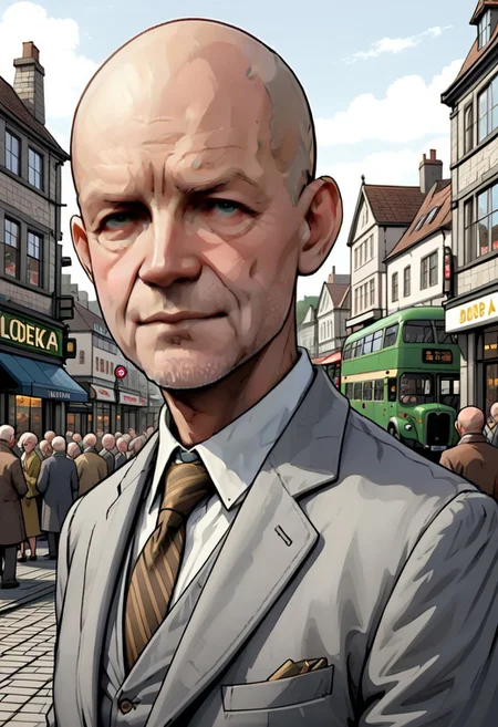 60 year old, short, bald man, old grey suit, outside, town, crowd, green Bristol Lodekka bus, old-fashioned shops
<lora:Dibber:0.7>