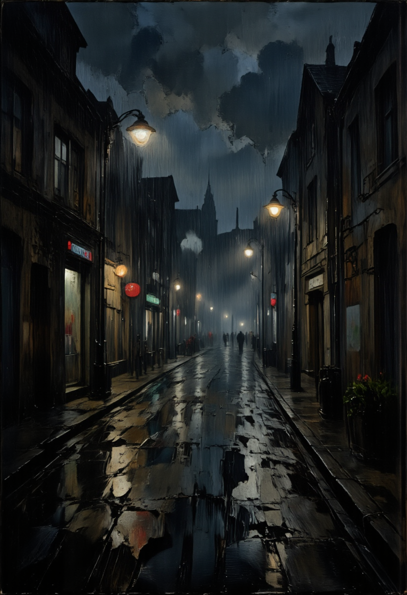 A gentle drizzle falling over an empty street lit by flickering lampposts, Melancholic Weather, in memadukan_painter art style, <lora:Memadukan_Brush_Strokes_of_Fineart-000006:1.0>