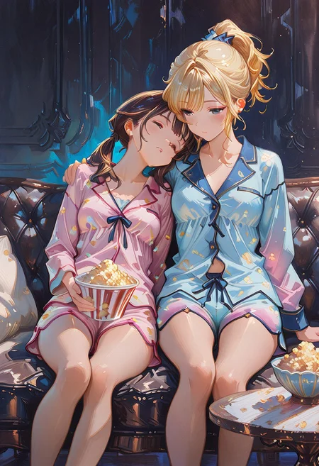 masterpiece, best quality, oil painting, ArsMJStyle, Impressionism, Masterpiece, light and airy, brushstrokes, gentle brushstrokes, canvas texture, gbf_style, 2girl, 1blonde, wearing pink, 1brunette, Asian, wearing blue, wearing pajamas, pajama shorts, ponytail, twin ponytails, small breasts, sitting, couch, arm around another's shoulder, head on another's shoulder, faces barely illuminated, (dim light, dark), leather couch, sweet, endearing, intimate, table, bowl of popcorn, dark background, gradient painted background, abstract background, dynamic angle