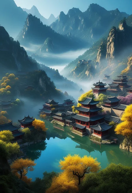 their peaks veiled in mist. realistic, photograph, surrealism, great lighting, A surreal landscape highly detailed. extremely high-resolution details,  appears trapped in an optical illusion of reflections and refractions colorful , mountains and village in Ancient China , professional photography, natural lighting, volumetric lighting maximalist. intricately detailed, complex, elegant, expansive, fantastical, film photography style,  low grain