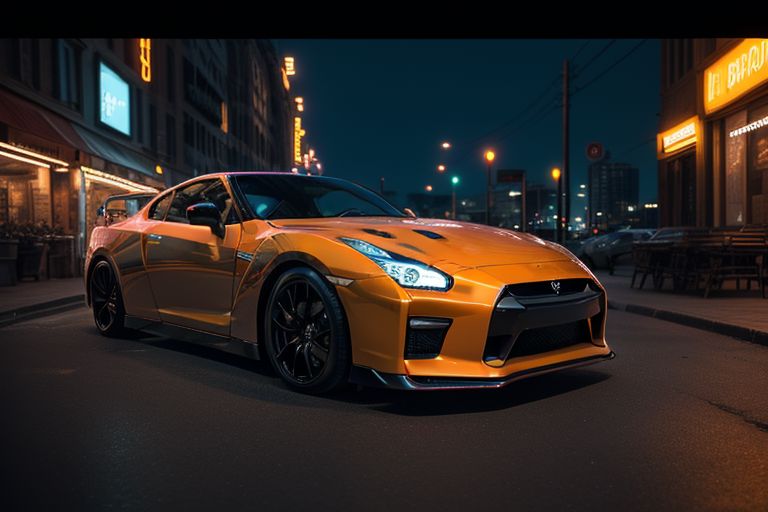 cars fantastic orange, [Nissan GTR], speed, intricate detail ,neon city background, city background, night, HD. Photograph , in table((realism)), extremely high quality RAW photograph, ultra detailed photograph, sharp focus, high resolution, (detailed skin:1,3),high quality, film grain, Fujifilm XT3,Highly Detailed, movie, (Cinematic Photo:1.3) of (Realistic:1.3)