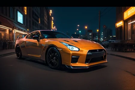 cars fantastic orange, [Nissan GTR], speed, intricate detail ,neon city background, city background, night, HD. Photograph , in table((realism)), extremely high quality RAW photograph, ultra detailed photograph, sharp focus, high resolution, (detailed skin:1,3),high quality, film grain, Fujifilm XT3,Highly Detailed, movie, (Cinematic Photo:1.3) of (Realistic:1.3)
