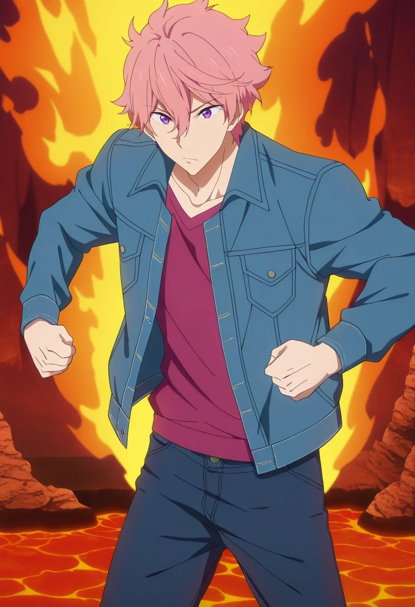 masterpiece, best quality, anime screencap, official style, anime coloring, cowboy shot, 1boy, solo, male focus, <lora:kisumi_shigino_ilxl:0.9>, kisumi_shigino, pink hair, purple eyes, hair between eyes, , fiery chasm, flame-lit bridges, lava pools, ash clouds, leaping pose, daring expression, intense heat, denim jacket,