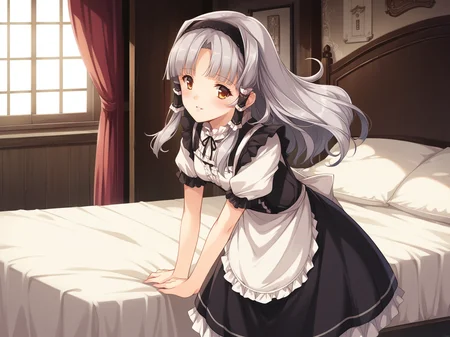 <lora:Alicesoft_-_Oyako_Rankan_-_Kotone_Ririko_Saya_Yukino:1>,alicesoft,yukino,1girl,solo,hairband,black hairband,hair tubes,hair intakes,curtained hair,sidelocks,hair_up,tied hair,amber eyes,long hair,small breasts,blush,grey hair,apron,frills,neck ruff,dress,black skirt,shirt,parted lips,smile,indoors,bedroom,bed,closet,door,mansion,standing,, score_9, score_8_up, score_7_up,source_anime,(masterpiece),(best quality),(ultra-detailed),(best illustration),(best shadow),(absurdres),(detailed background),(very aesthetic),source_anime