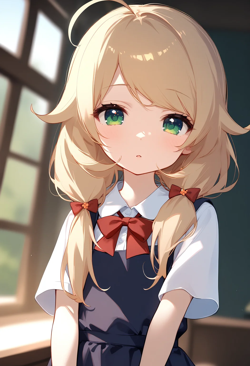 1girl,
yusa kozue,
ahoge, blush, blonde hair, blurry, shirt, head tilt, low twintails, depth of field, green eyes, bow, hair bow, dress, closed mouth, virtual youtuber, indoors, sleeveless dress, red bow, blurry background, parted lips, window, long hair, solo, pinafore dress, sleeveless, white shirt, looking at viewer, blue dress, dress shirt, short sleeves, collared shirt, hair over shoulder, twintails,
sfw
<lora:a31_char_new_yusa_kozue-000010:1> <lora:a31_style_koni-000010:0.8>