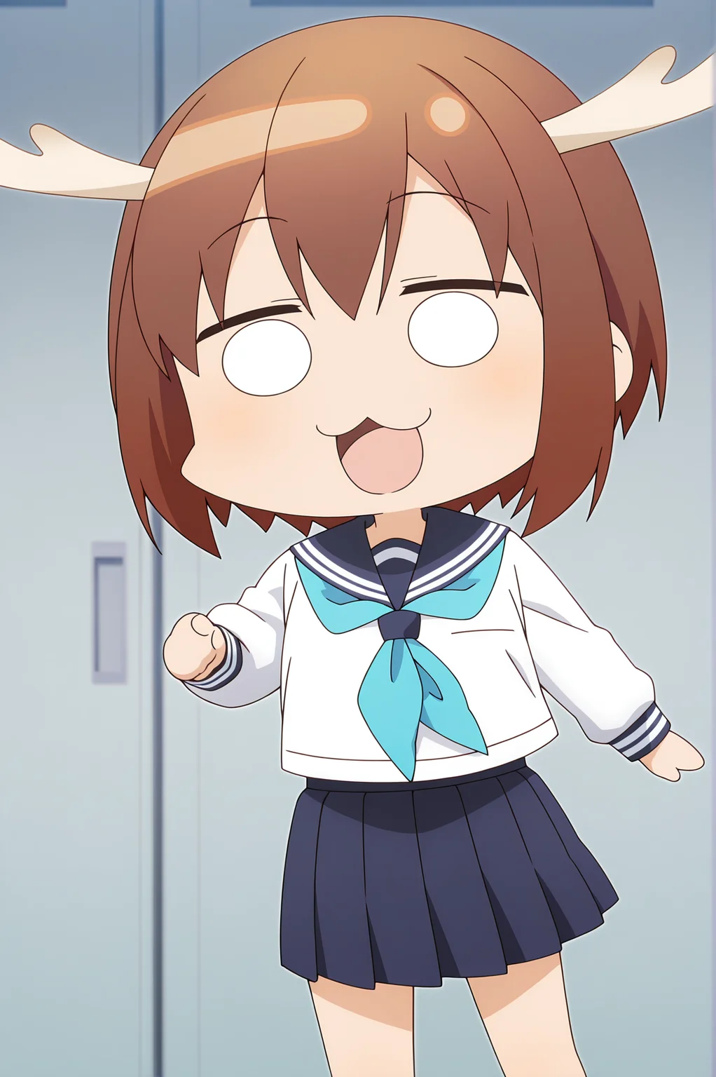 detailed background, official style,anime coloring, (anime screencap) masterpiece, detailed face,1girl <lora:Noko_Shikanoko (1):0.8>chibi_shikanoko, school uniform, brown hair, solo, antlers, serafuku, short hair, chibi, :3, skirt, neckerchief, open mouth, long sleeves
