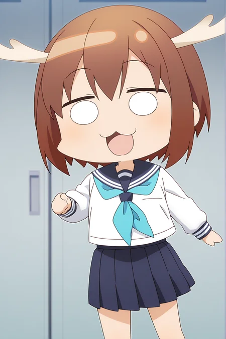 detailed background, official style,anime coloring, (anime screencap) masterpiece, detailed face,1girl <lora:Noko_Shikanoko (1):0.8>chibi_shikanoko, school uniform, brown hair, solo, antlers, serafuku, short hair, chibi, :3, skirt, neckerchief, open mouth, long sleeves
