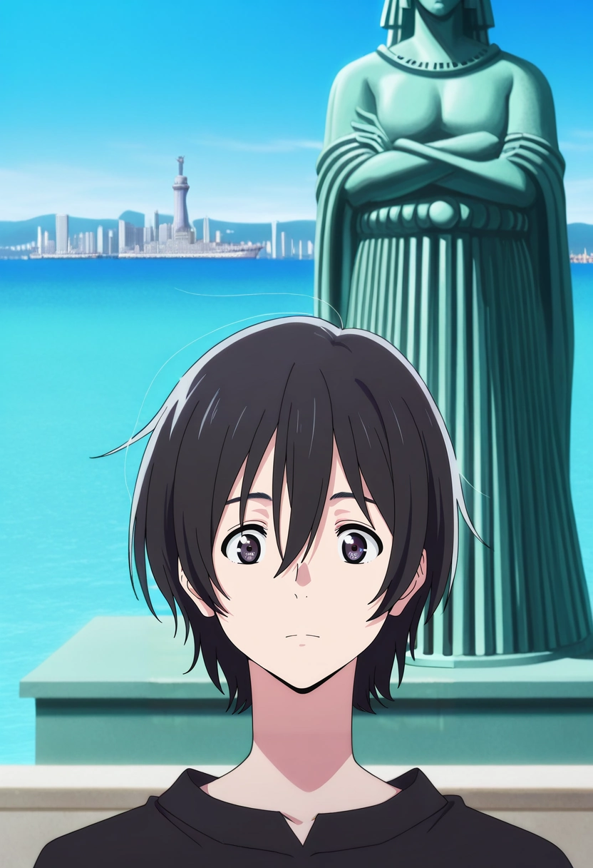 masterpiece, best quality, , anime screencap, , official style,, 1boy, solo, male focus, <lora:mio_chibana_ilxl:0.9>, mio_chibana, black hair, black eyes, short hair, hair between eyes, , Statue of Liberty, New York, harbor view, green copper statue, gazing pose, proud expression, clear sky,