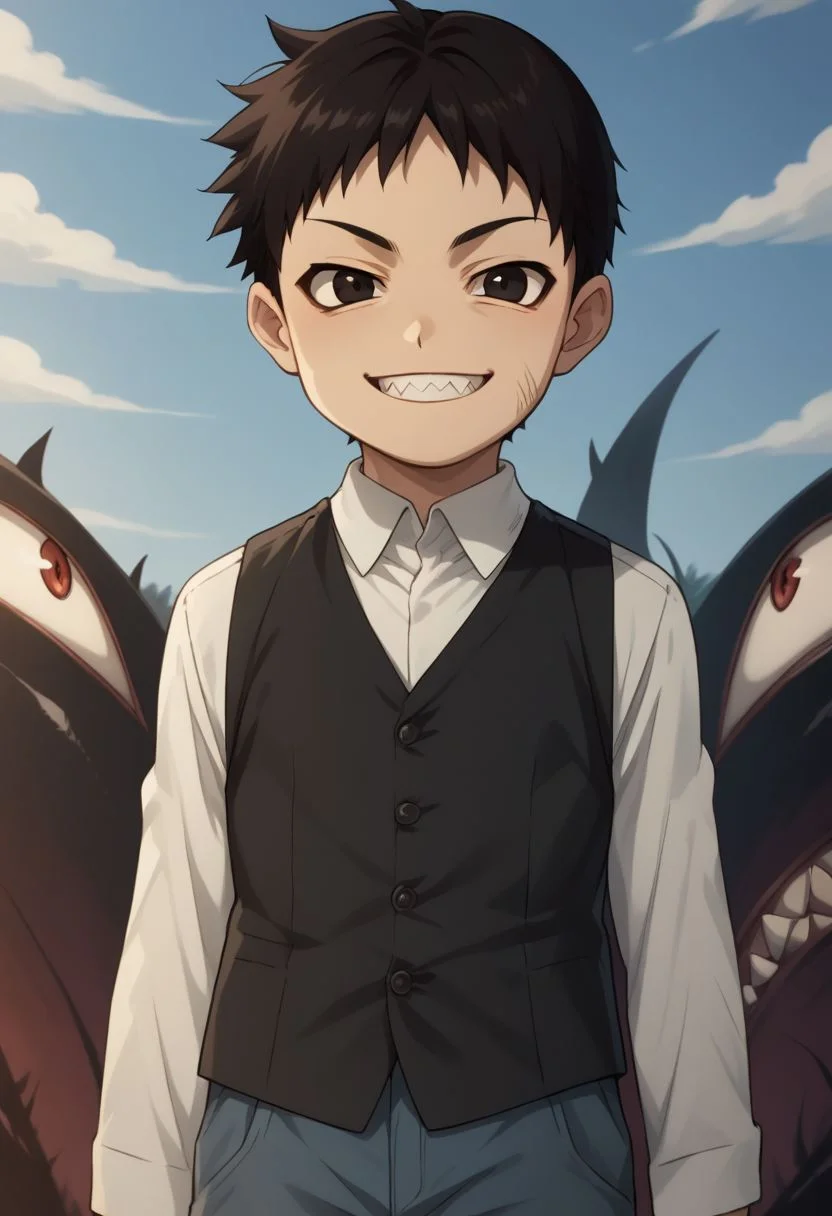 score_9, score_8_up, source_anime, highly detailed, selim, 1boy, solo, cute,
selim, 1boy, male focus, teeth, sharp teeth, smile, black hair, looking at viewer, vest, shirt, solo, monster, evil smile,
outdoor,