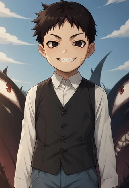 score_9, score_8_up, source_anime, highly detailed, selim, 1boy, solo, cute,
selim, 1boy, male focus, teeth, sharp teeth, smile, black hair, looking at viewer, vest, shirt, solo, monster, evil smile,
outdoor,