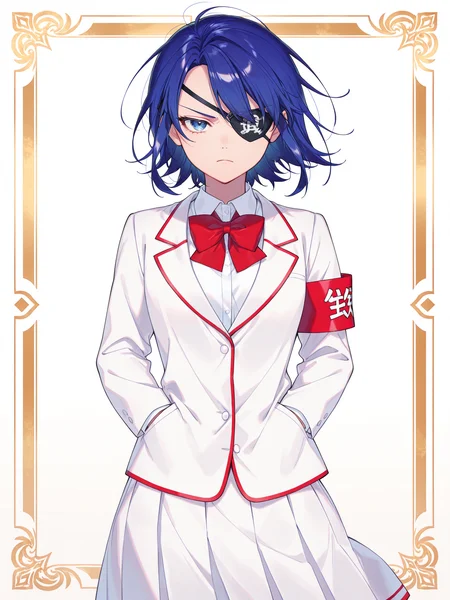 siiqa vivi, shuri (84k), <lora:Aoi3XL:1> Ryugo_YS, 1girl, short hair, white school uniform, red bowtie, armband, pleated skirt, eyepatch, serious, dynamic pose, hands in pockets, delinquent, 
gradient background, <lora:retrocute:1>, inset border, cowboy shot, looking at viewer, <lora:cfg_scale_boost:0.9>, simple background, white background,
masterpiece, best quality, amazing quality, very aesthetic, absurdres, newest, lazypos,
