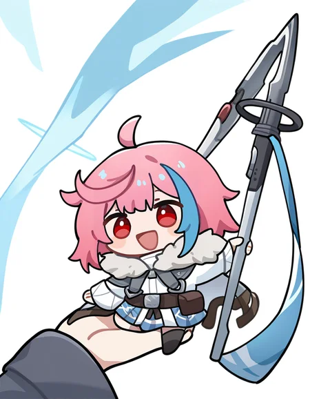 <lora:xialuo_noob:0.8>,xialuo,1girl,solo,chibi,red eyes,pink hair,multicolored hair,open mouth,ahoge,holding,blue hair,smile,long sleeves,fur trim,weapon,jacket,short hair,bangs,white background,
masterpiece,best quality,very aesthetic,absurdres,