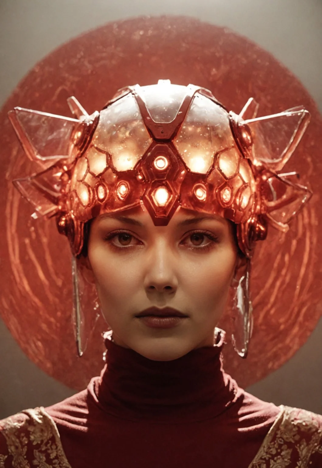 Silhouette of a woman wearing a bleaked dark-red translucent automaton helmet, detailed skin and lips, extreme Face CloseUp, looking at Viewer, intricate translucent technical helmet details, Red circle Background, atmospheric lighting, novuschroma60 style bokeh, The photo features faded colors, with a limited palette of gray, beige, and washed-out red, capturing her cool, striking appearance.. cinematic composition, soft shadows, national geographic style,
