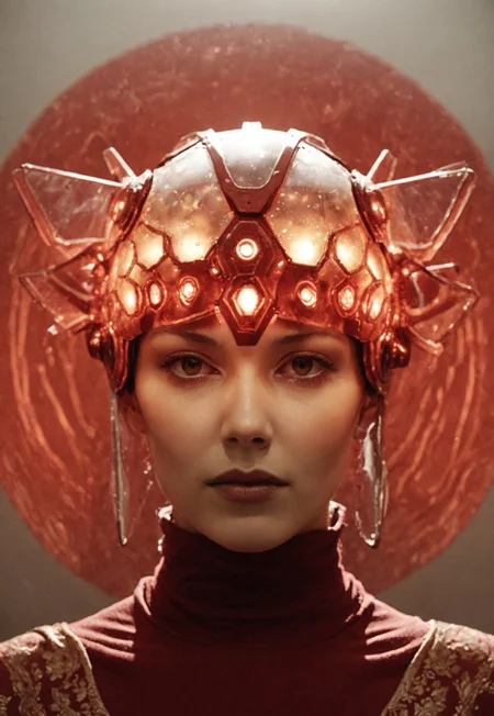 Silhouette of a woman wearing a bleaked dark-red translucent automaton helmet, detailed skin and lips, extreme Face CloseUp, looking at Viewer, intricate translucent technical helmet details, Red circle Background, atmospheric lighting, novuschroma60 style bokeh, The photo features faded colors, with a limited palette of gray, beige, and washed-out red, capturing her cool, striking appearance.. cinematic composition, soft shadows, national geographic style,