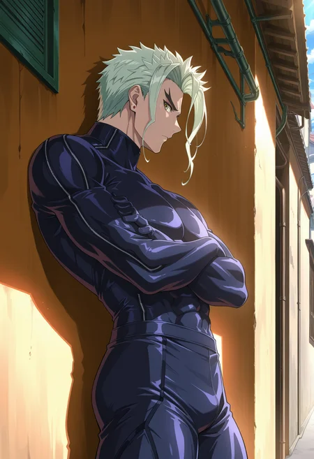 masterpiece, best quality, newest, absurdres, highres, very detailed,
muscular male, 
 day, rays of god, wide angle, alley, japanese town alley, leaning back, leaning against wall, from side, crossed arms, looking at viewer, facing away,<lora:[Char - IL] Tenjou Tenge - Mitsuomi Takayanagi (v1-R2-E16):0.8> mitsuomi_takayanagi, bodysuit, YELLOW eyes, WHITE hair,